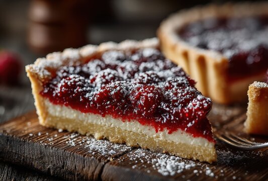 Sweet Cherry Tart Slice with Powdered Sugar on Rustic Wooden Table