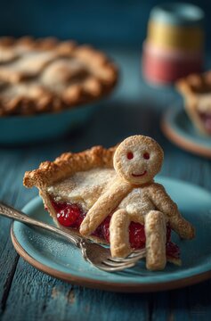 Adorable Pie Slice with Cookie Character Sitting on Sweet Dessert