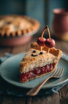 Smiling Fruit Pie Slice with Cute Decoration and Rustic Setting