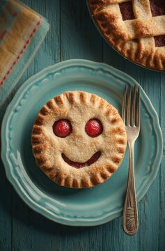 Cheerful Pie with Smiling Face and Red Fruit on Blue Plate
