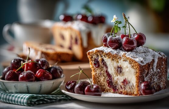 Cherry Cake with Cream and Fresh Cherries on Table Setting