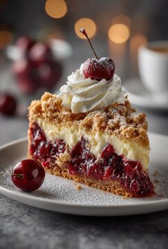 Cherry Cheesecake Slice with Whipped Cream and Cherry on Top