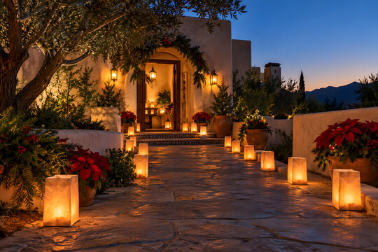 Candlelit pathway prepared for a Las Posadas gathering