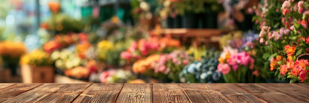 Wooden table surface sits empty in foreground with a flower market behind. Colorful flowers create a vibrant backdrop for spring products.