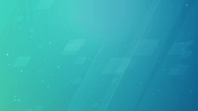 Abstract digital technology background featuring floating geometric shapes glowing translucent squares moving across vibrant turquoise and blue gradient screen creating modern corporate presentation a