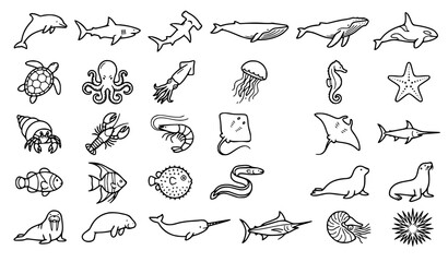 Marine Animal Outline Vector Icon Set Featuring Dolphins, Sharks, Whales, Turtles, Crabs, Octopus and Diverse Ocean Wildlife © Rikta