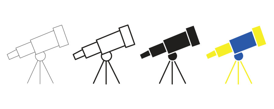 Telescope icons with tripod in outline silhouette and color variations on white background for exploration concept