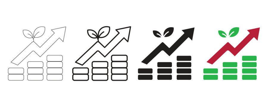 Financial growth chart with upward arrow and green leaves on stacked coins during economic progress with clean design