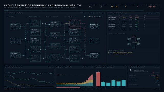 UHD cloud service dependency topology dashboard showing regional failure alerts, cascading latency degradation, and automated recovery in dark enterprise operations interface.