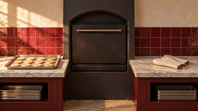 Biscuit batch and oven mitts beside a dark bakery oven