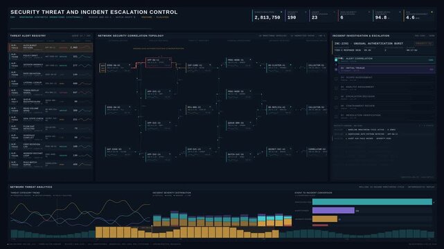 Cinematic security operations dashboard monitoring network threats, incident escalation workflows, and real-time alert correlation in a dark enterprise SOC environment.