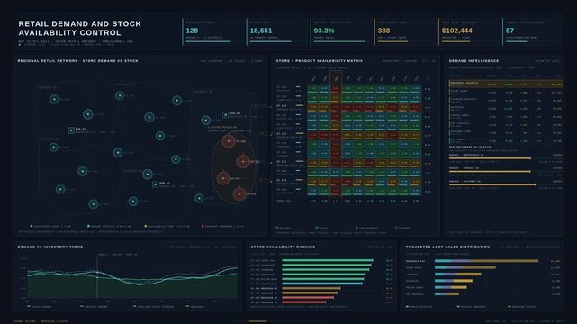 Enterprise retail inventory dashboard tracking store demand and product availability gaps with regional map, stock matrix, and lost sales analytics in dark UI.