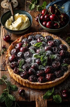 Delicious Cherry Tart with Cream and Mint on Wooden Table