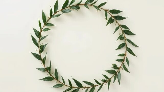 Green Leaf Wreath Circle with Botanical Foliage on Ivory Background, Natural Frame for Text