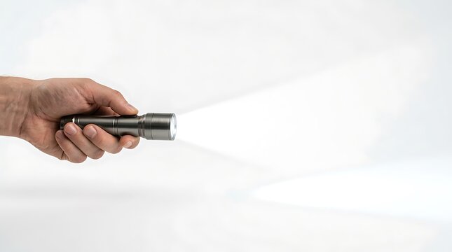 Bare hand holding a metal flashlight projecting a powerful beam forward
