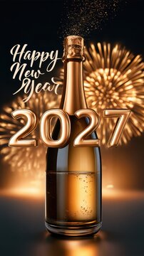 2027 Happy New Year Greeting Card with Champagne Bottle and Sparkling Firework Photo.
