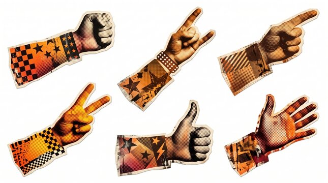 Collage style set of six human hands showing various gestures, including fist, rock sign, pointing finger, peace sign, thumbs up, and open palm