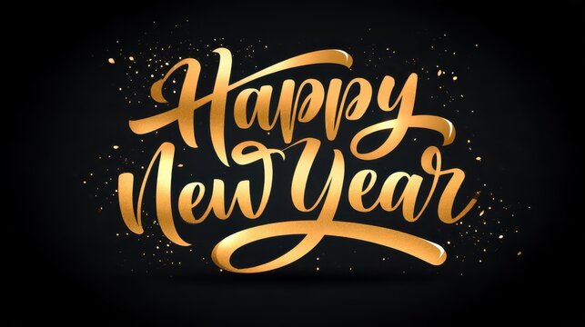 Shiny Happy New Year Calligraphy Text Greeting Card and Sticker Design in Golden and Black Color.