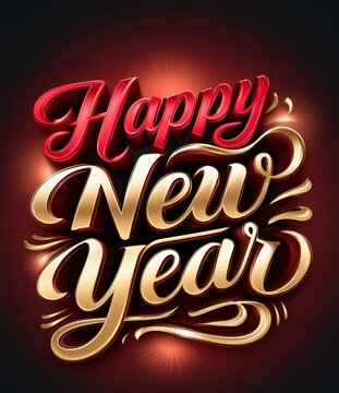 3D Happy New Year Calligraphy Text Greeting Card and Sticker Design Illustration in Golden and Red Color.