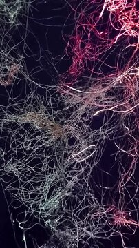 Light reveals tangled strands of seaweed floating in dark water at night