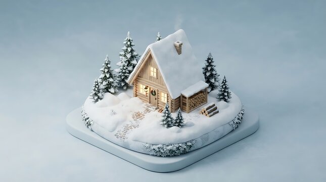 Isometric 3d wooden log cabin in snowy forest setting