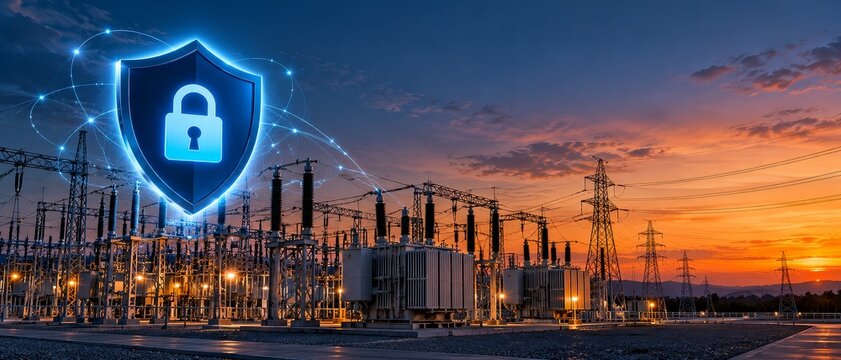 Blue Cybersecurity Shield over Power Grid Substation with Network Connections at Dusk