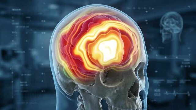 3D Visualization of Human Skull and Brain with Heat Map Highlighting High Neural Activity or Pain Area in a Science Lab Setting