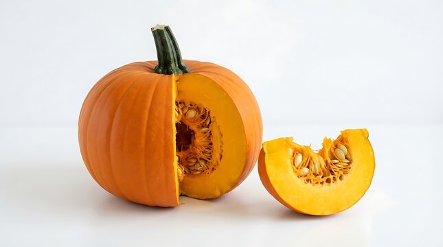 Fresh orange pumpkin cut in half isolated on white background