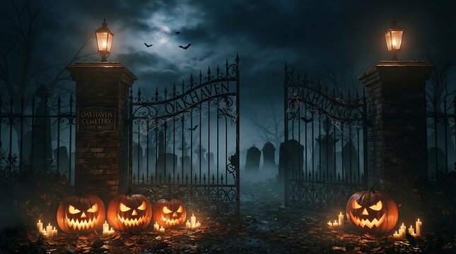 Spooky oakhaven cemetery gate with glowing jackolanterns at night