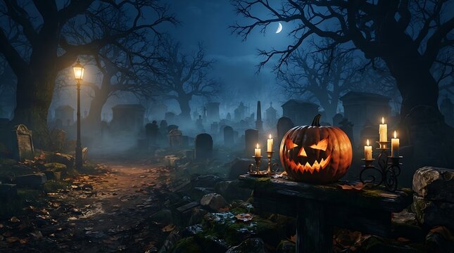 Spooky halloween jackolantern in a misty graveyard at night