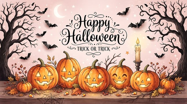 Happy halloween illustration with carved pumpkins and bats