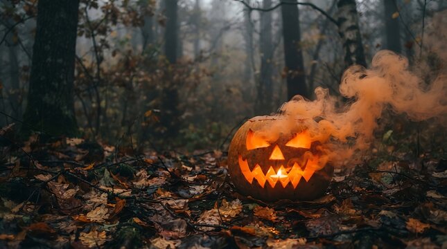Spooky carved pumpkin with orange smoke in a dark misty forest