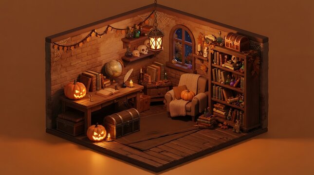 Cozy isometric halloween witch room with pumpkins and books