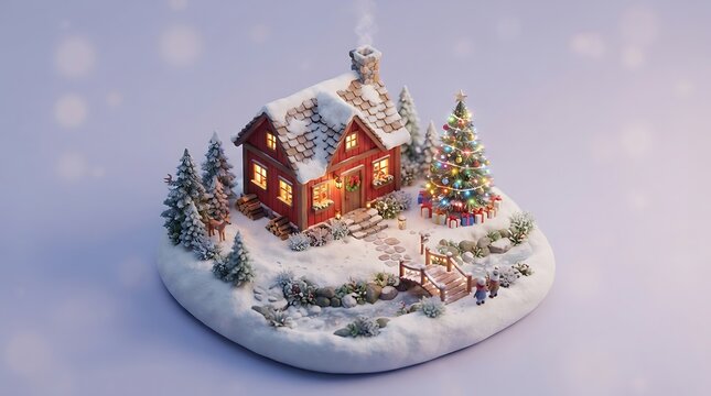 Miniature winter cabin with christmas tree in snowy landscape