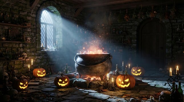 Witchs potion cauldron in a dark stone dungeon at night