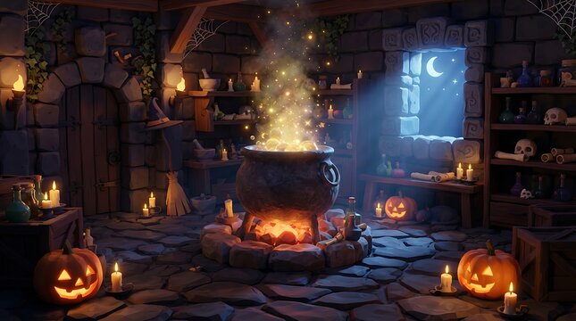 Witchs potion cauldron in a magical stone dungeon room