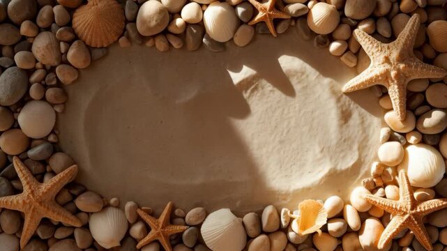 Seashell Starfish Border Frame with Sandy Beach Background for Coastal Design