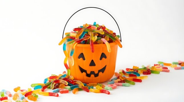 Halloween pumpkin bucket filled with colorful gummy worms isolated on white background