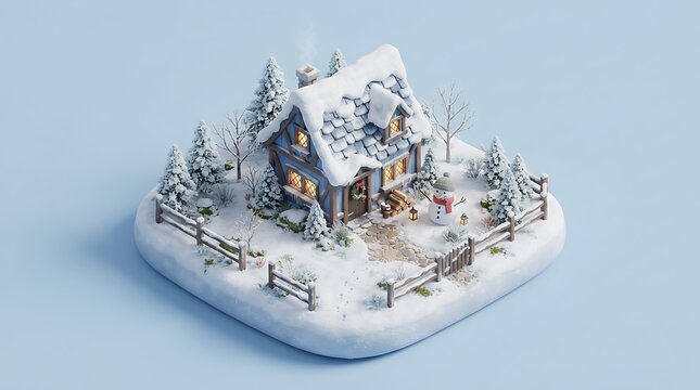 Isometric winter cottage with snowman and pine trees in snow