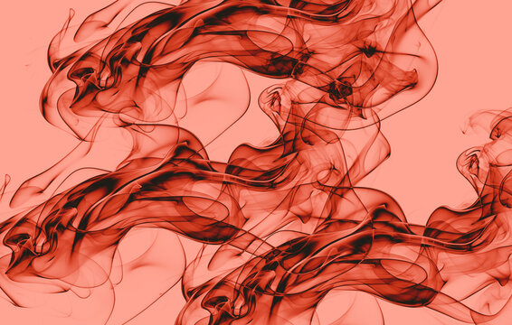 Abstract flowing smoke or ink patterns in shades of deep red and coral, creating a dynamic and ethereal liquid motion effect on a solid light red background
