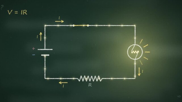 Chalk electric circuit with battery, switch, resistor and bulb, the switch closes, current flows around the loop and the bulb lights up. Electricity and Ohm's law lesson