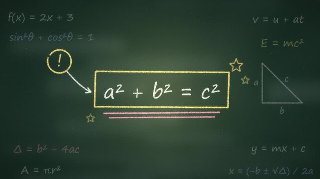 Teacher highlights the Pythagorean theorem on a busy chalkboard with a box, underline, arrow and stars while the rest fades. Important formula and exam tip concept