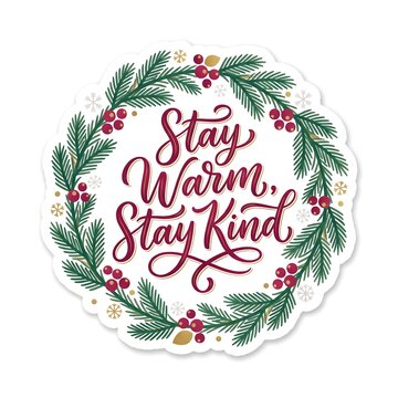 Christmas wreath sticker with handlettered stay warm stay kind quote, decorated with pine branches, red berries, and snowflakes isolated on white background