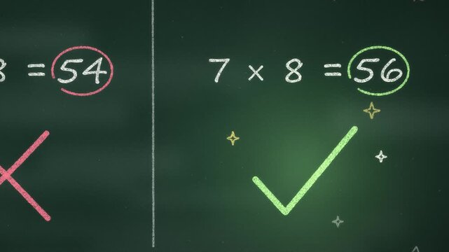Teacher marks a wrong answer with a red chalk cross and the right answer with a glowing green check mark on blackboard. Correct vs incorrect, test and exam concept