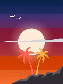 Tropical sunset landscape with two palm trees, a large sun, and birds flying in a colorful gradient sky, vector illustration