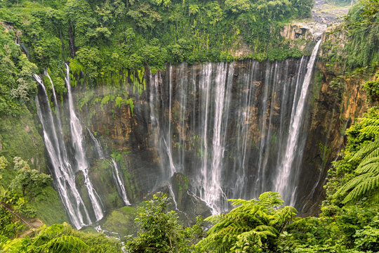 Tumpak Sewu Waterfall in Lumajang, East Java, Indonesia. Hundreds of cascading streams fall from a curved cliff into a lush tropical gorge, surrounded by dense rainforest and rising mist.