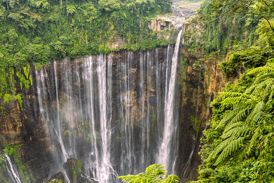 Tumpak Sewu Waterfall in Lumajang, East Java, Indonesia. Hundreds of cascading streams fall from a curved cliff into a lush tropical gorge, surrounded by dense rainforest and rising mist.