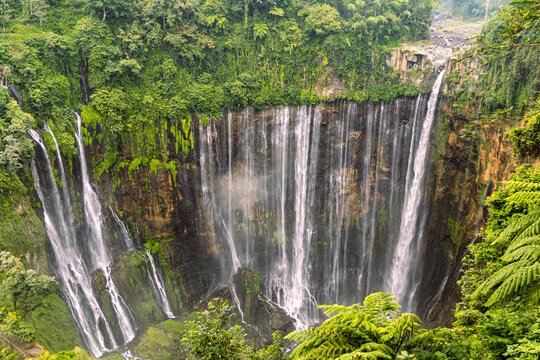 Tumpak Sewu Waterfall in Lumajang, East Java, Indonesia. Hundreds of cascading streams fall from a curved cliff into a lush tropical gorge, surrounded by dense rainforest and rising mist.