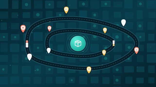 Dark teal flat 4K animated logistics concept: top-down city map with two looping delivery routes, a truck and a van, pulsing destination pins and a central warehouse hub. Seamless loop. Supports trans