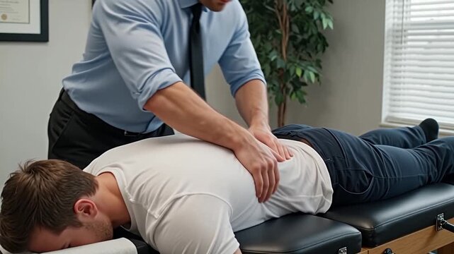 A chiropractor adjusting a patient's back on a treatment table in a clinic, professional spinal manipulation therapy for pain relief and wellness care, photorealistic